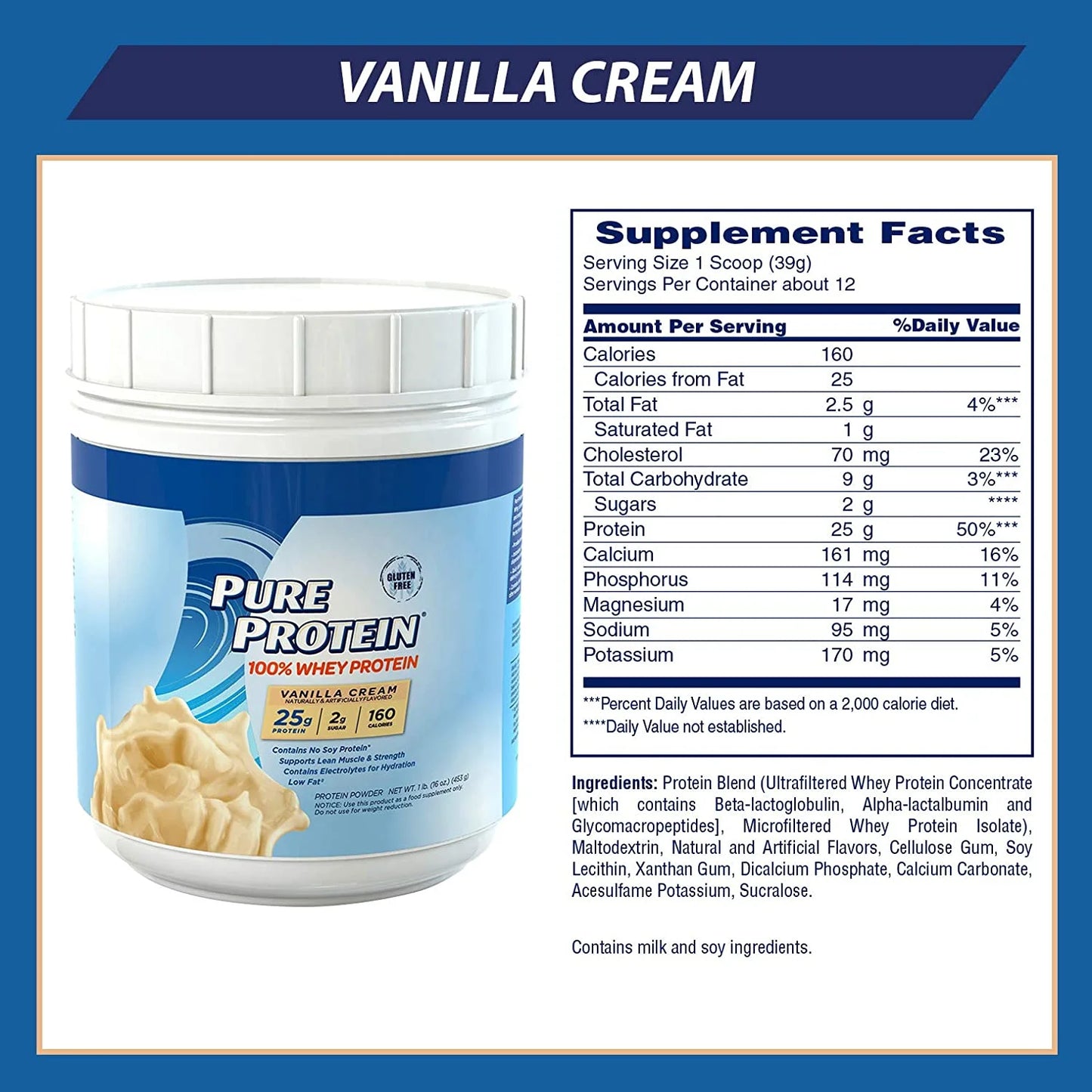 (2 Pack)  100% Whey Protein Powder, Vanilla Cream, 25G Protein, 1 Lb
