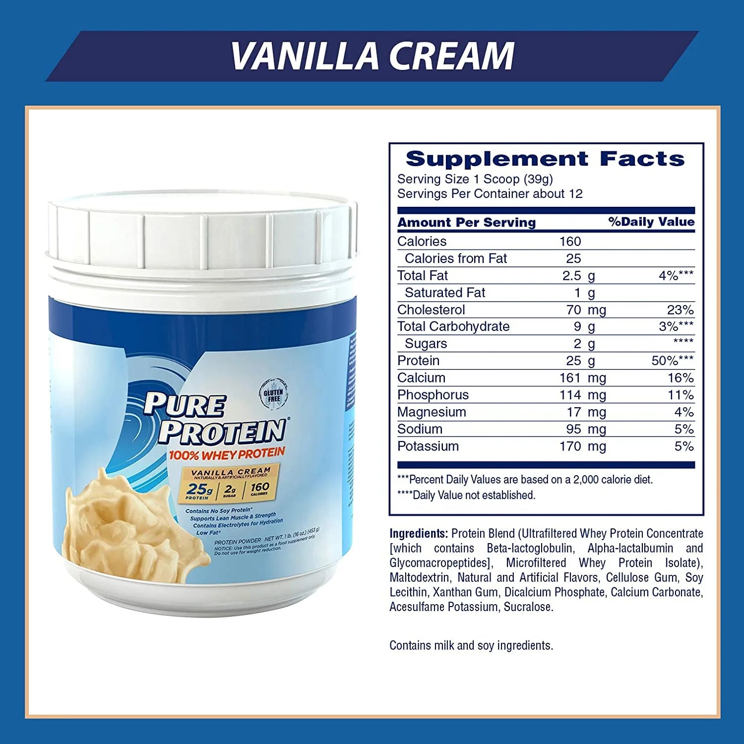 (2 Pack)  100% Whey Protein Powder, Vanilla Cream, 25G Protein, 1 Lb