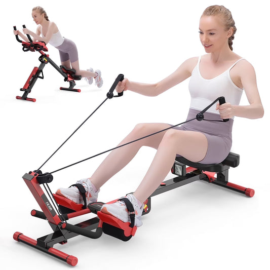3 in 1 Compact Rowing Machine Workout Equipment with LCD Monitor for Home Office Gym Use