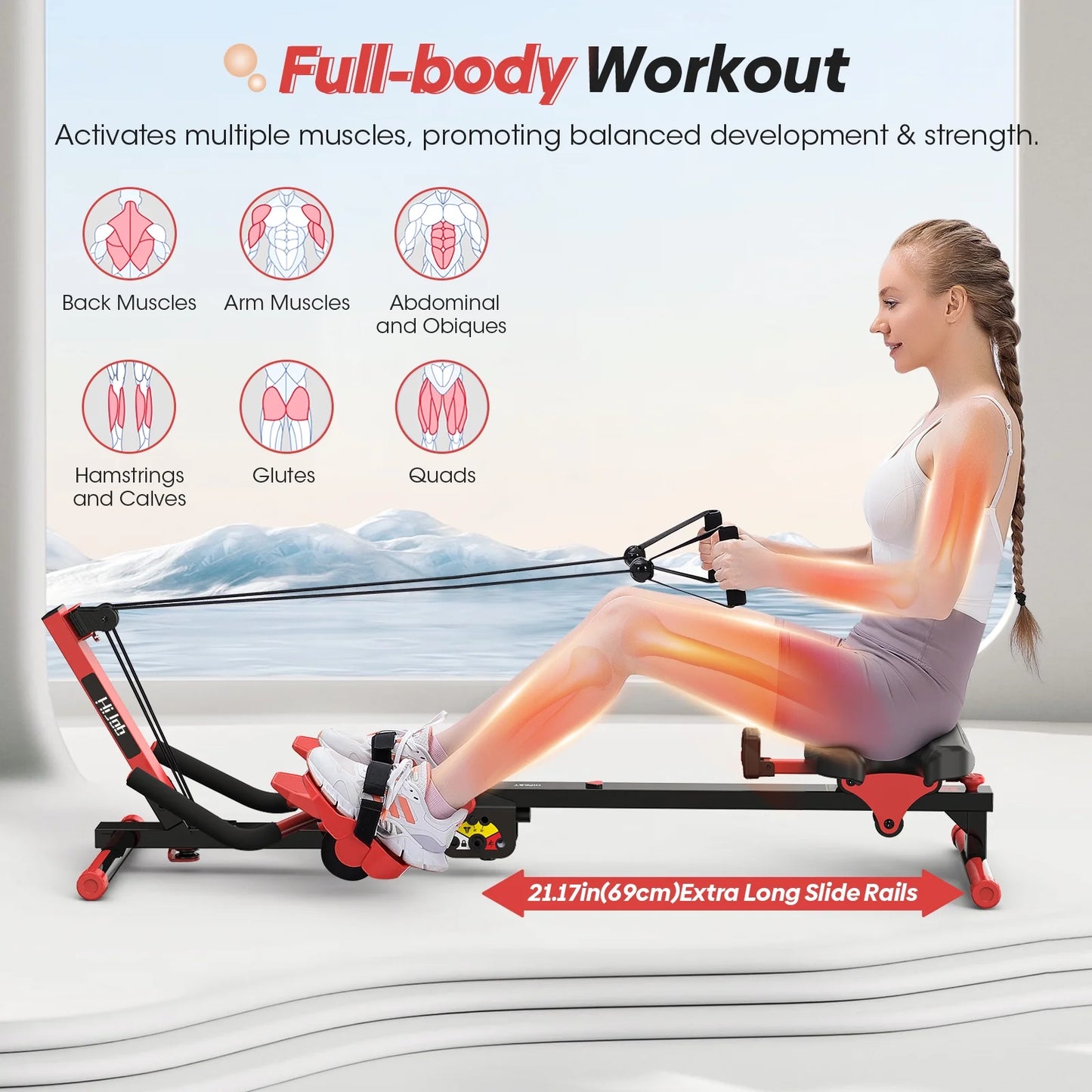 3 in 1 Compact Rowing Machine Workout Equipment with LCD Monitor for Home Office Gym Use