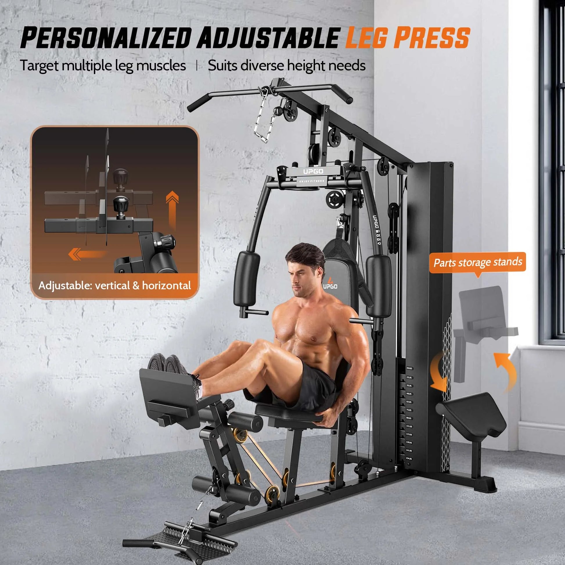 Home Gym Station, Workout Station with 154LBS Weight Stack, Leg Press and Preacher Curl Pad
