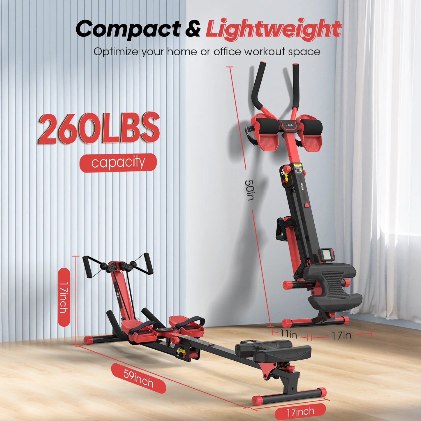 3 in 1 Compact Rowing Machine Workout Equipment with LCD Monitor for Home Office Gym Use