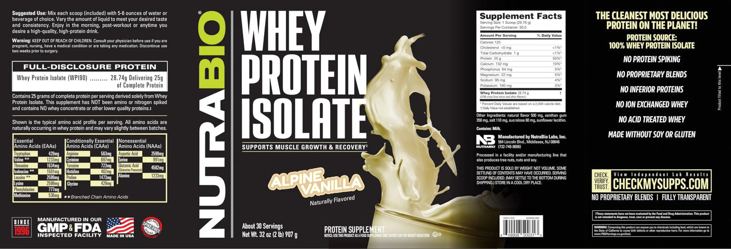 Whey Protein Isolate Powder Supplement – 25G of Protein per Scoop with Complete Amino Acid Profile - Soy and Gluten Free Protein Powder - Zero Fillers and Non-Gmo - Alpine Vanilla - 2 Lbs