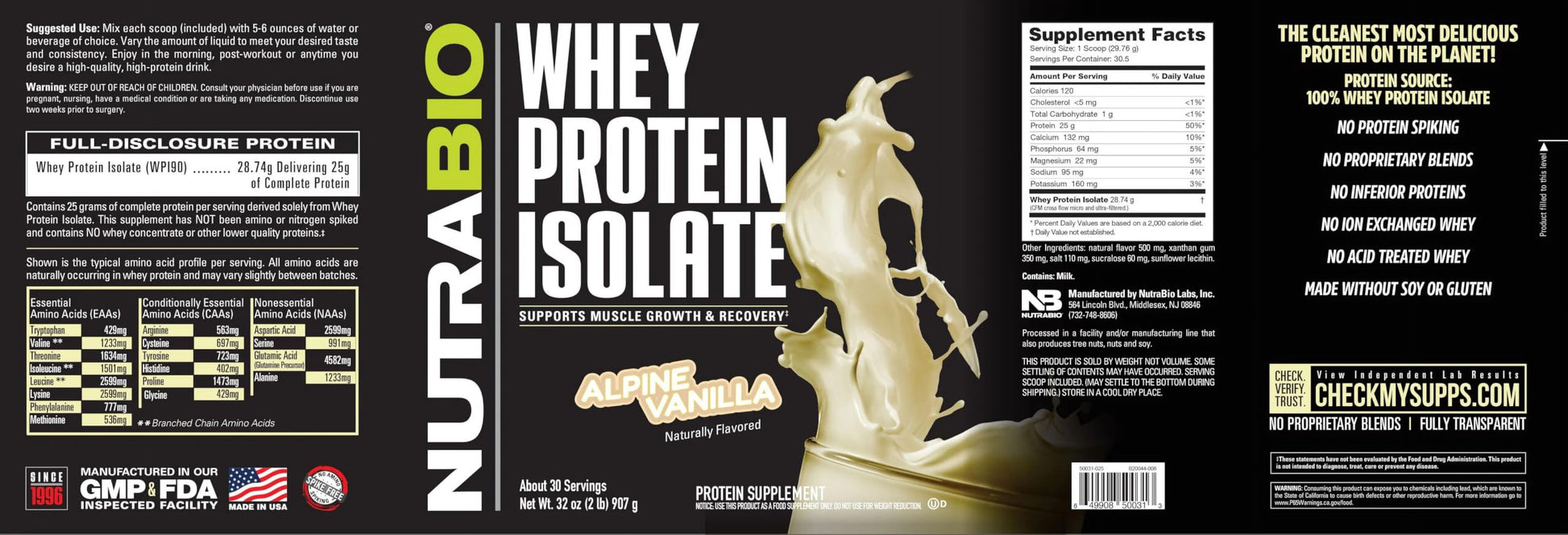 Whey Protein Isolate Powder Supplement – 25G of Protein per Scoop with Complete Amino Acid Profile - Soy and Gluten Free Protein Powder - Zero Fillers and Non-Gmo - Alpine Vanilla - 2 Lbs