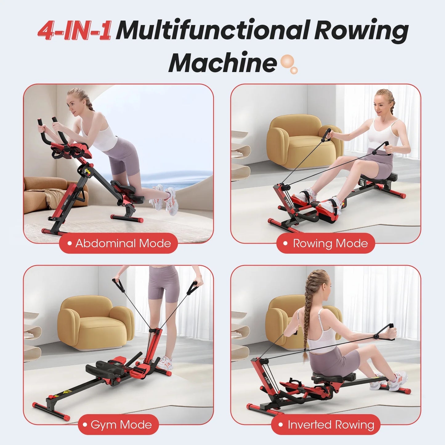 3 in 1 Compact Rowing Machine Workout Equipment with LCD Monitor for Home Office Gym Use